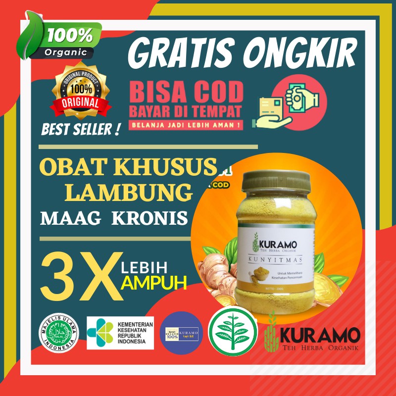 

OBAT HERBAL ASAM LAMBUNG MAAG KRONIS AKUT GERD PERUT KEMBUNG BEGAH MUAL MULES KURAMO KUNYIT MAS 200g