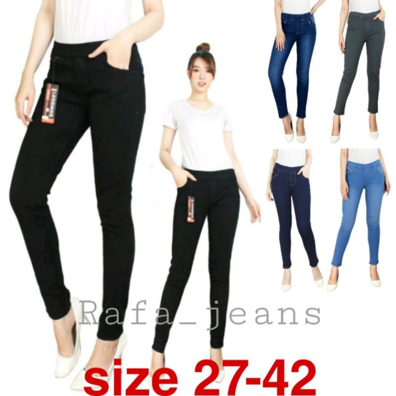 Legging Jeans Hitam Premium Pinggang Karet Jegging Jeans Wanita Exstra Jumbo Warna Hitam Ukuran