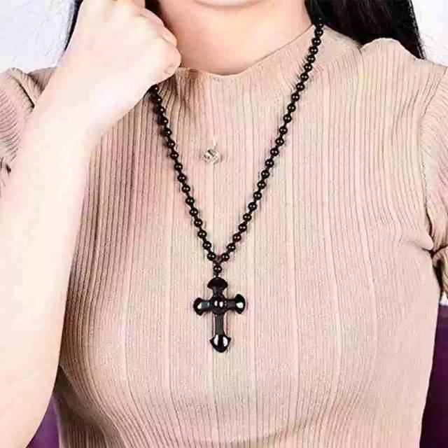 KALUNG SALIB BATU OBSIDIAN HITAM IMPORT