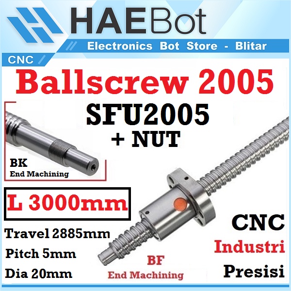 [HAEBOT] Ballscrew Ball screw SFU2005 2005 3000mm End Machined + Nut Router Milling CNC Mesin Presisi Z Axis Leadscrew 20mm Pitch 5mm Industri Otomasi 3000 mm