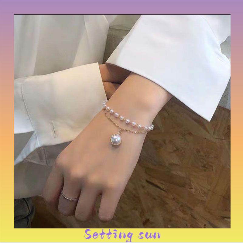 Fashion Korea Wanita Temperamen Manis Gelang Aksesoris Perhiasan Gelang Mutiara Ganda Sederhana TN