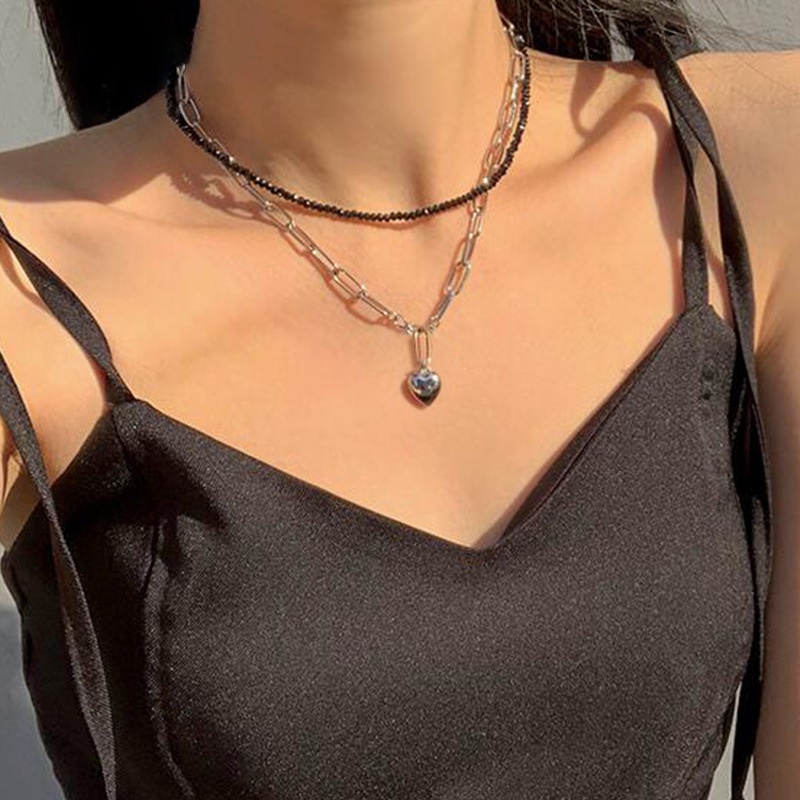 Black Bead Love Pendant Double Clavicle Chain Stacked Bead Necklace For Women