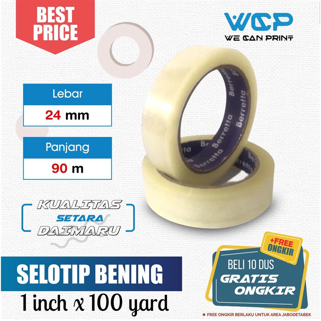 

Lakban Bening Berretta 24 mm x 90 meter Lakban Transparan Clear Tape 1 inch x 100 yard Selotip Bening 24mm x 100 yard