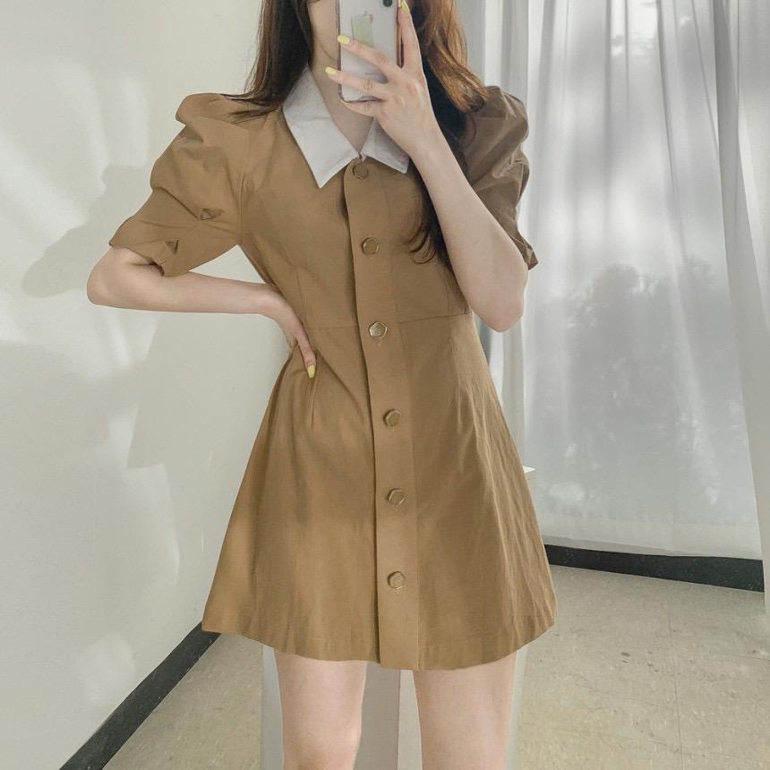 [littlecrab] Dress Full Kancing Simple Elegan Dress Kerah Putih Dress Polos Berkualitas Korean Style Short Dress Model Simply Dress Lengan Pendek Nyaman Dress Berkerah Lembut Berkualitas