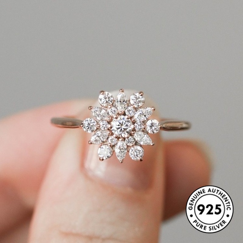 Cincin Desain Snowflake Aksen Berlian Bahan S925 Silver Warna Rose Gold