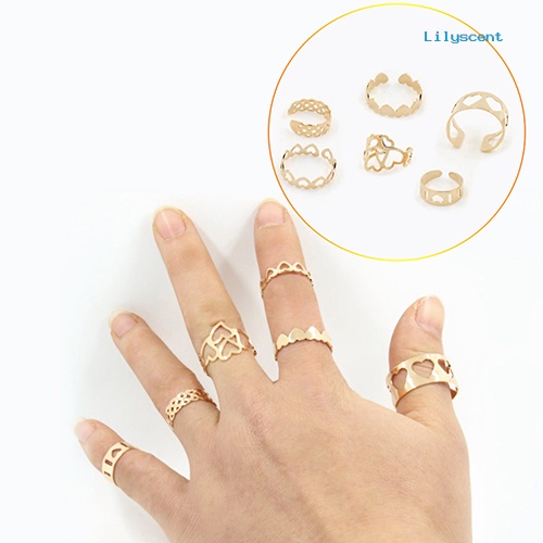 6pcs / Set Cincin Knuckle Midi Desain Hati Hollow Untuk Wanita