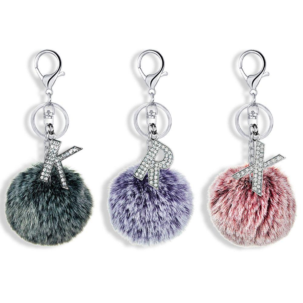 NEEDWAY 26huruf Gantungan Kunci Faux Rabbit Fur Wanita Hadiah Multicolor Gantungan Kunci Aksesoris Ornamen Handbag Charms Rumbai Liontin Fluffy Pompom Bola Bulu 26huruf Key Chain