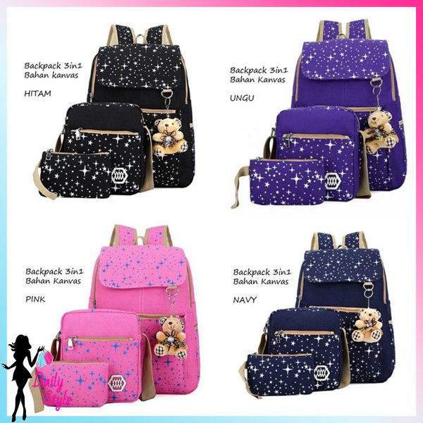 Tas Ransel 4 in 1 Limited Edition Tas Sekolah Backpack Wanita Tas Satu SET - BISA PILIH WARNA-PROMO KL NAVY