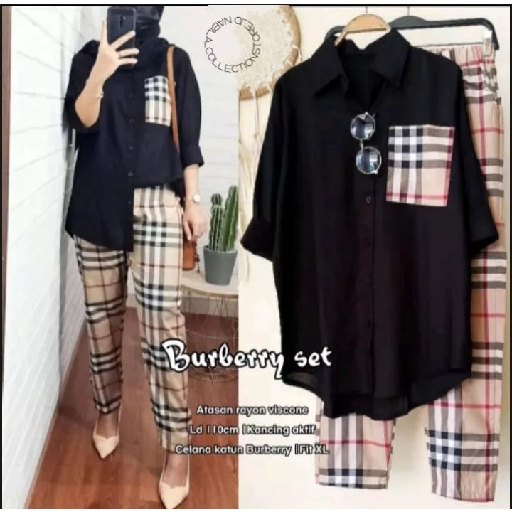 Ramdan Collection - Olivia One Set Daily Setelan Kemeja Wanita Katun Burberry Premium Baju Setelan Basic Fashion Muslimah Model Korean Style Crop Top Outfit OOTD Jumbo