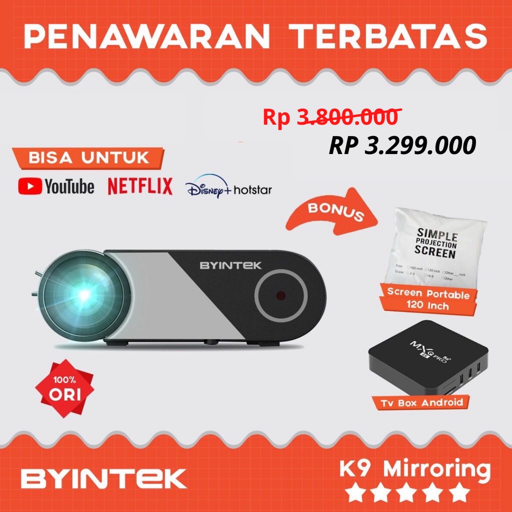 Proyektor K9 Mirroring Original Full HD Byintek Portable Android Ios