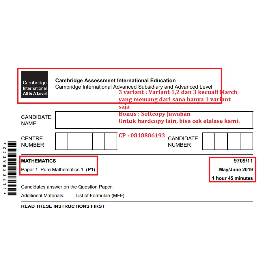 

A LEVEL PAST PAPER MATHEMATIC (9707) PURE MATHEMATIC P1 2019-2015