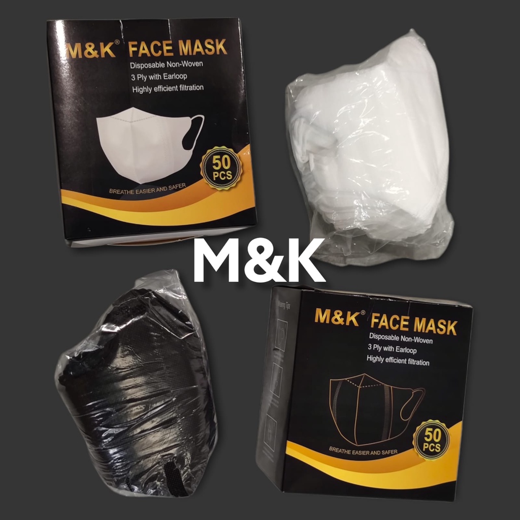 PER BOX 50 PC - MASKER DUCKBILL 3PLY M&amp;K MK FACE MASK KEMENKES HITAM / PUTIH - BLACK / WHITE