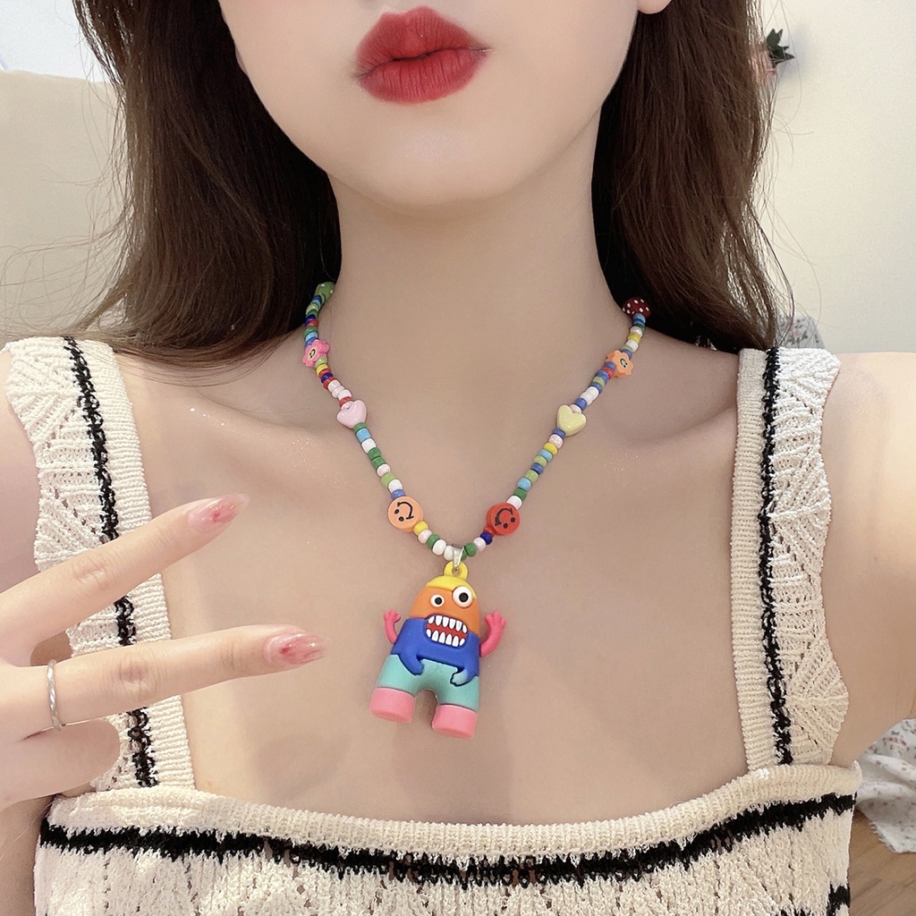 Kalung Rantai Dengan Liontin Monster Smiley Warna-Warni Untuk Wanita