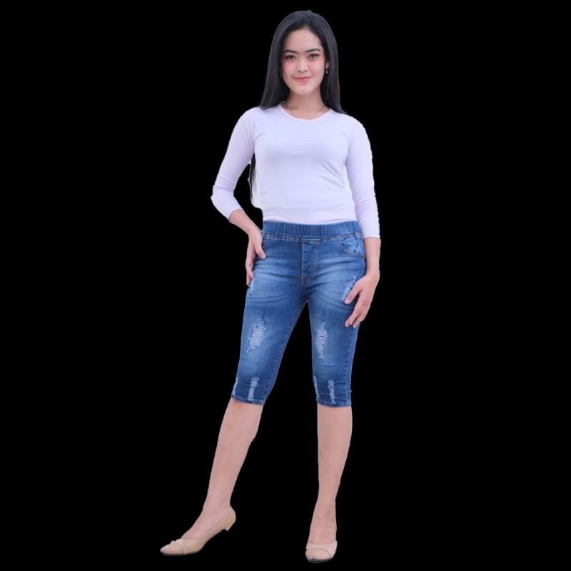 Celana jeans pendek wanita jeans sobek 7/8 legging pinggang karet kolor rip