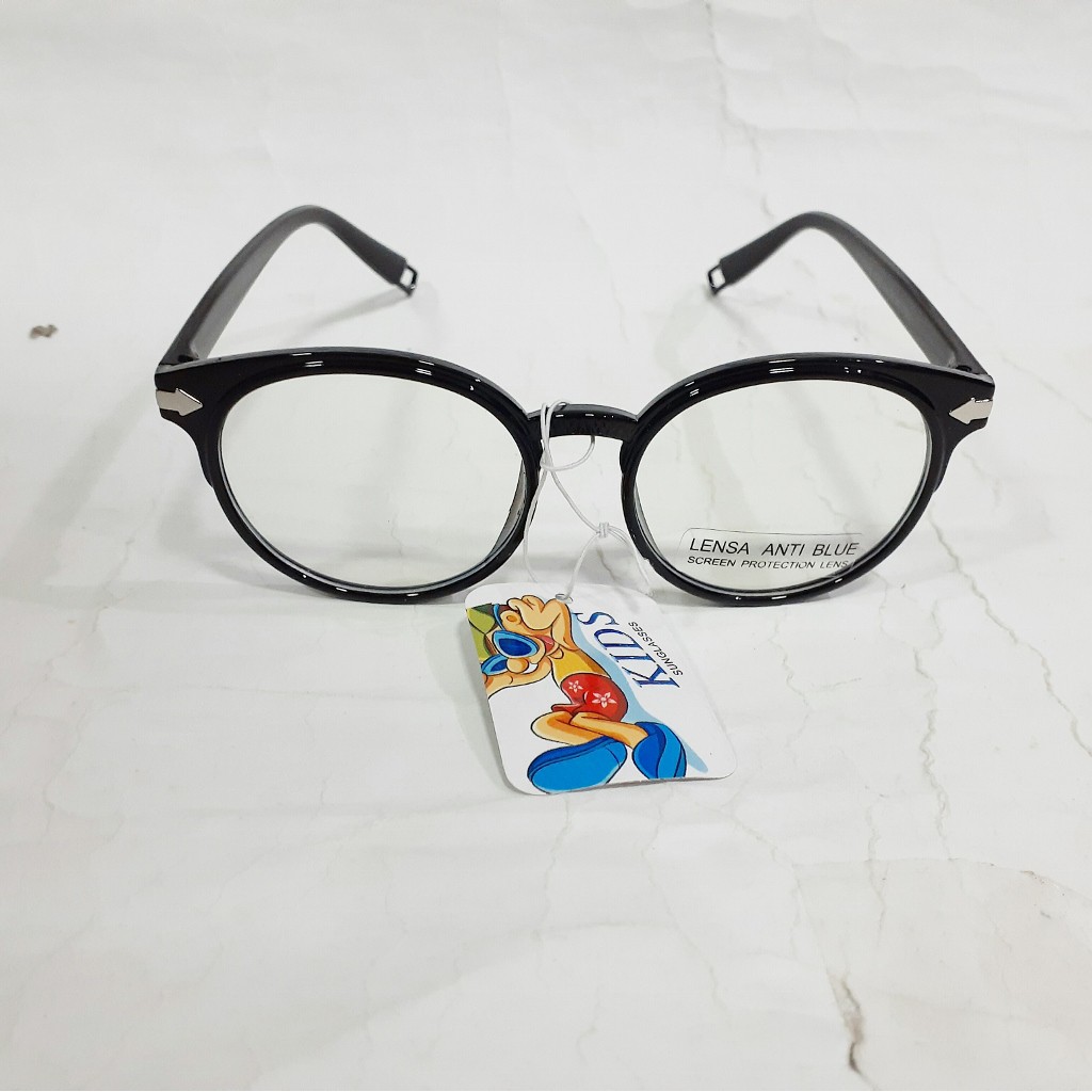 kacamata anak laki perempuan anti blue radiation bulat boboho bening bagus tahan radiasi sinar biru-hitam