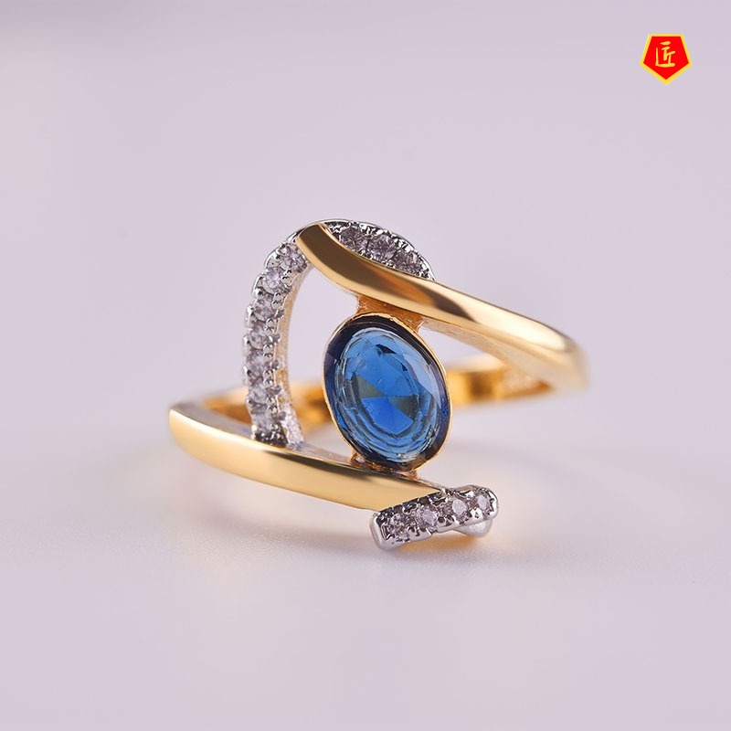 [Ready Stock]18K Gold Inlaid Sapphire Two-Tone Ring Creative Personality