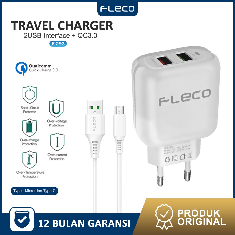 Quick Charger Adaptor 3.0A 2 USB Charger Portable Multifunction Travel Charger F-293 FLECO FREE kabel