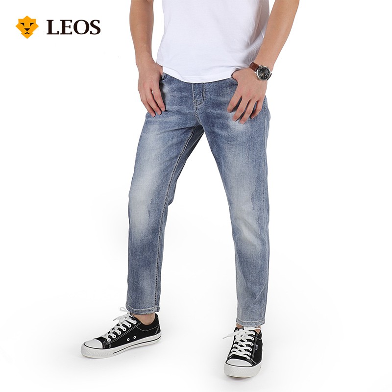 

LEOS Original Fashion Pria Celana Jeans 9/10 Washed Slim Fit - Biru Abu (COD)