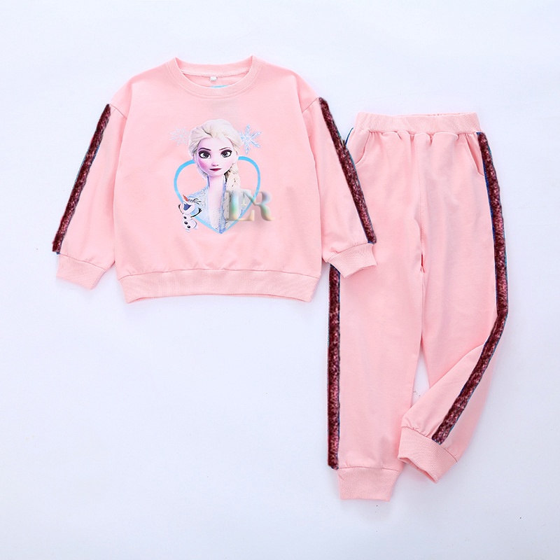 Baju Setelan Anak-Anak Perempuan Baju Olahraga Lengan Panjang Motif Elsa Frozen Atasan + Training Olahraga Jogger Sweater