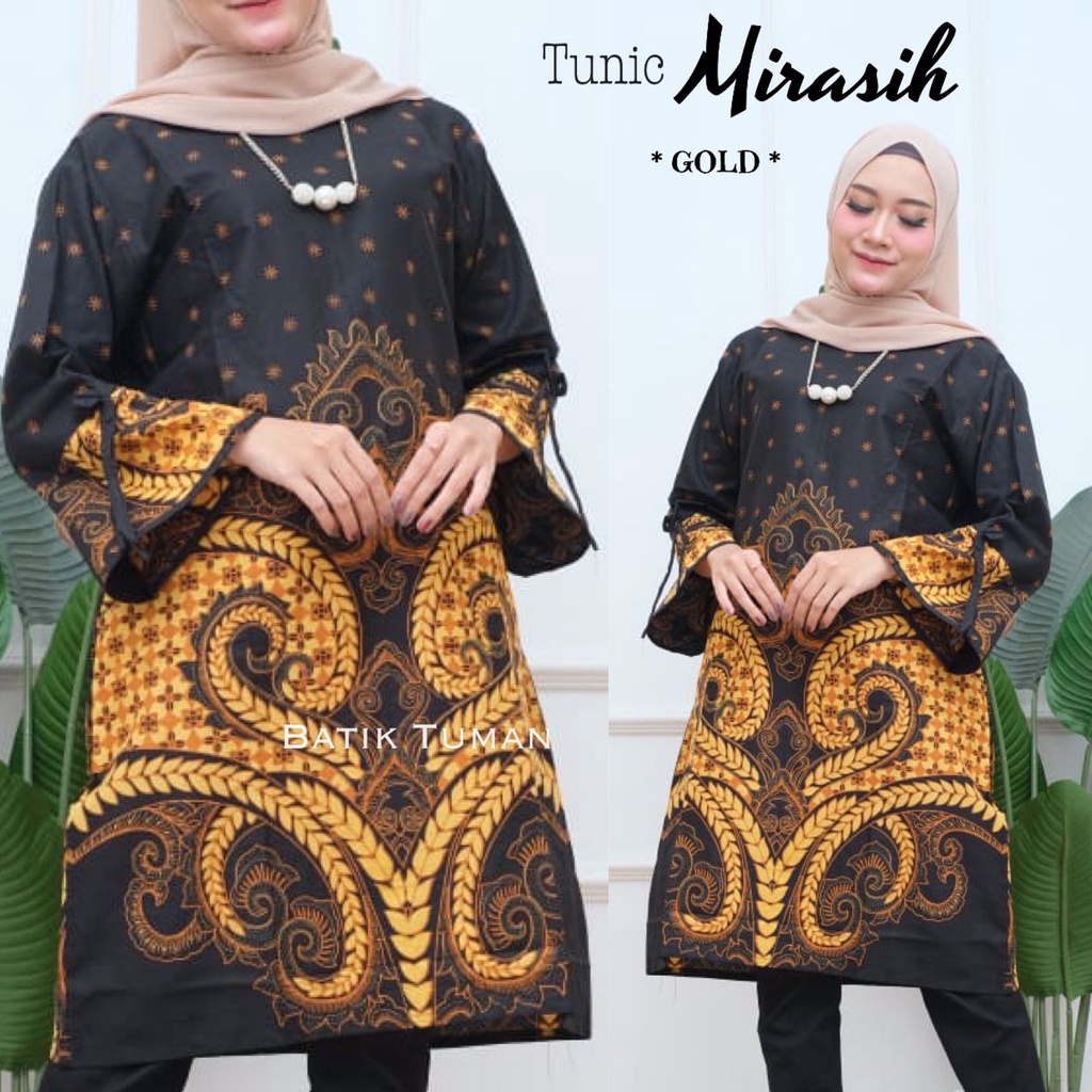 TUNIC MIRASIH Baju Batik Wanita Blus Blouse Batik Warna Gold Hitam Kuning Emas Bahan Katun Halus Berkualitas