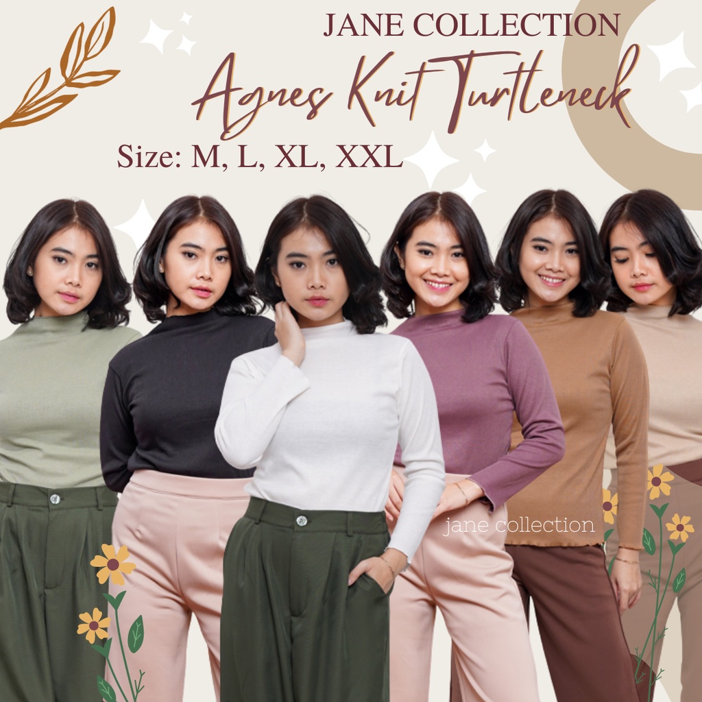 JANE COLLECTION || Atasan Wanita Lengan Panjang Kaos Hijabers Rajut Agnes Knit Turtleneck Longsleeve