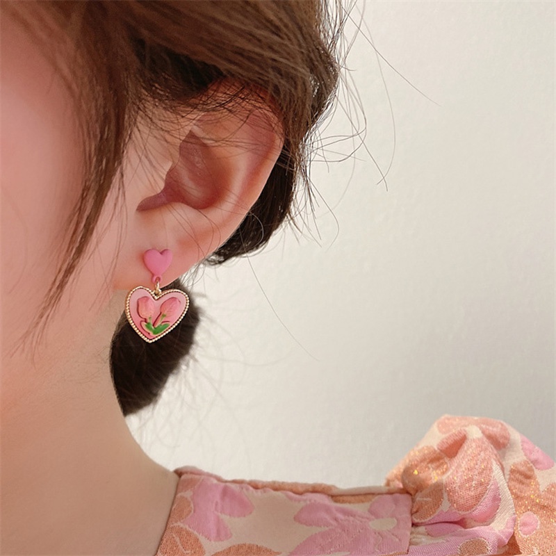 Anting Tusuk Motif Bunga Tulip Warna Pink Untuk Wanita