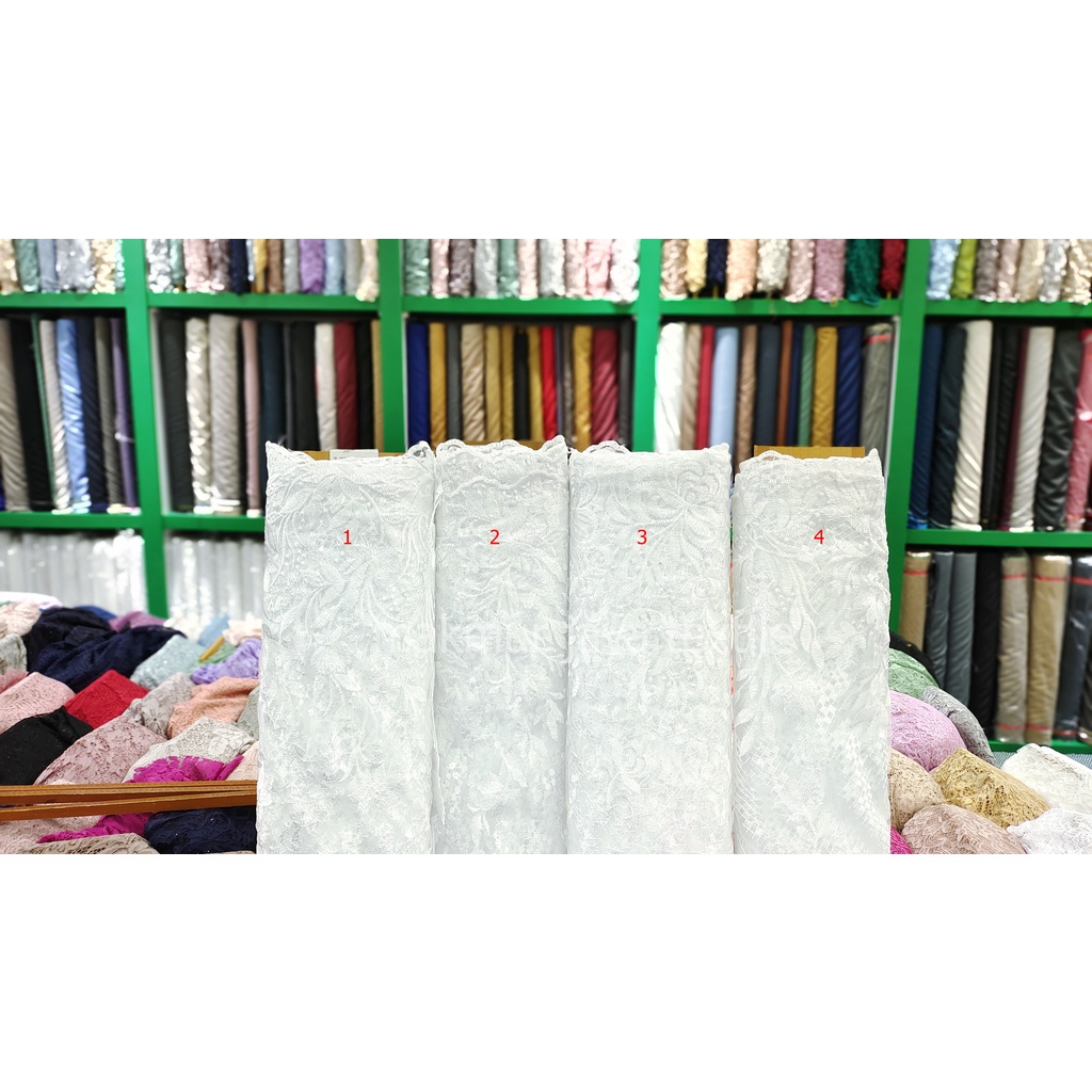 Kain brokat tile akar pinggiran mutiara brukat tille burkat putih