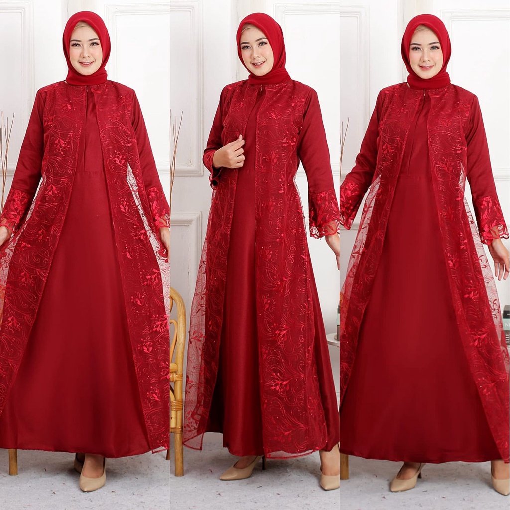 Gamis Hena S M L XL XXL Busui Tile Bordir Mutiara Maxi Dress Lebaran Brukat Tulle Longdress Pesta Baju Muslim