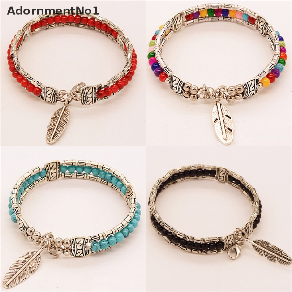 (AdornmentNo1) Gelang Tangan Silver Gaya Tibet Vintage Bohemia Motif Bulu + Batu Turquoise Untuk Wanita