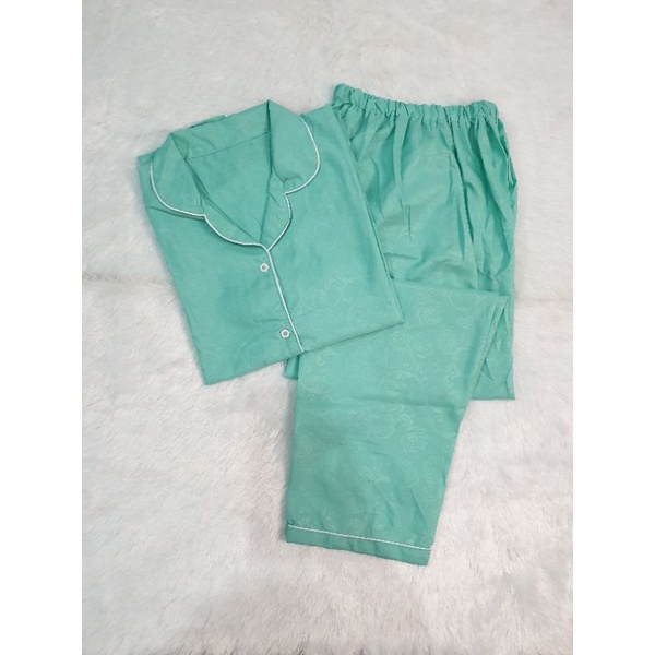 Baju Tidur Piyama Pajamas Wanita/Cewek Satin Silky Velvet Cantik Simple Wanita Dewasa Full Kancing-CP EMBOS MINT