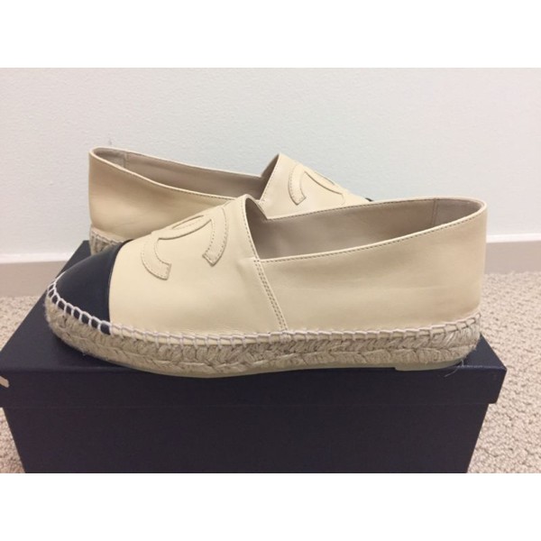 READY BNIB CHANEL ESPADRILLES SHOES BEIGE/BLACK DOUBLE SOLE SIZE 36