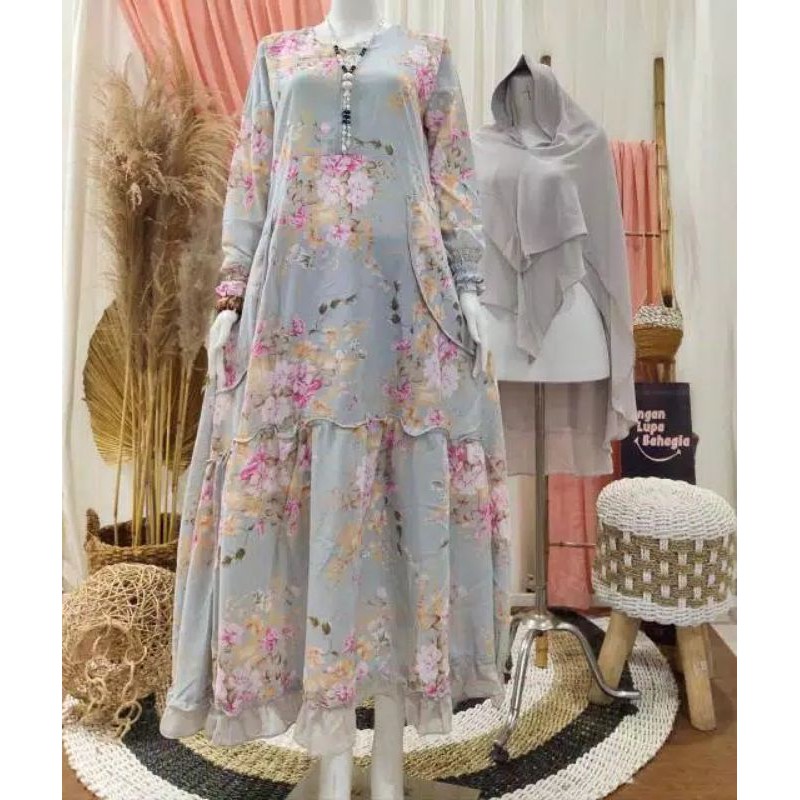 GAMIS MONALISA BUSUI MOTIF BUNGA SET HIJAB CERUTY 2 LAYER