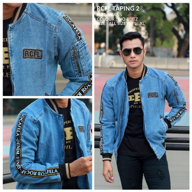 [COD] JAKET JEANS BORDIR LIST ROCAFELA / JAKET BOMBER JEANS TAPING BORDIR ROCAFELA