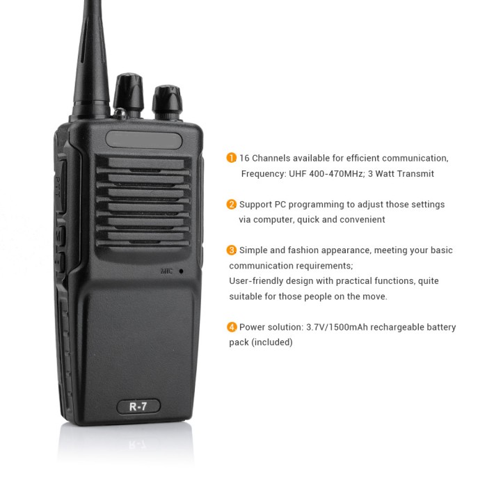 Walkie Talkie Single Band 3W 16CH UHF - BF-R7 - Black Garansi