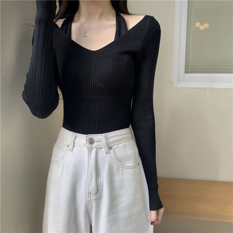 Suhao Kalung V-neck Knitwear Pakaian Wanita Musim Semi dan Musim Panas Versi Korea Baru Slim Fit Legging Knitwear Lengan Panjang Atasan