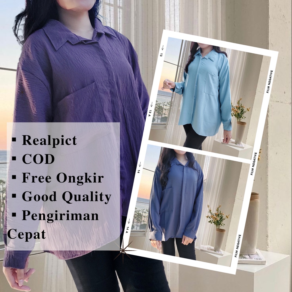 (COD) Kemeja Wanita Casual Lengan Panjang Polos Oversize Jumbo Cewek Crinkle Murah Terbaru Kekinian 