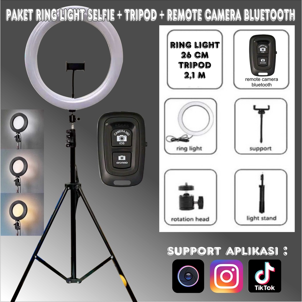 paket selfie paket tiktok MIXIO Ring Light 26cm + Light Stand Tripod 2M Selfie Livestreamer - PAKET remote camera bluetooth GROSIR UNIK