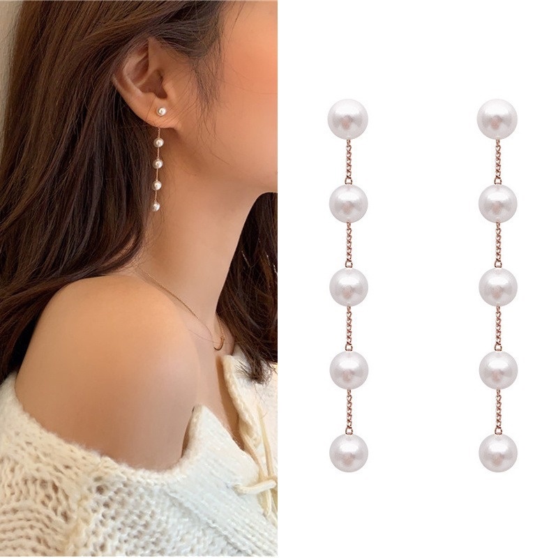 Anting Stud Rumbai Menjuntai Desain Anggur Aksen Mutiara Imitasi Gaya Korea Minimalis Untuk Wanita