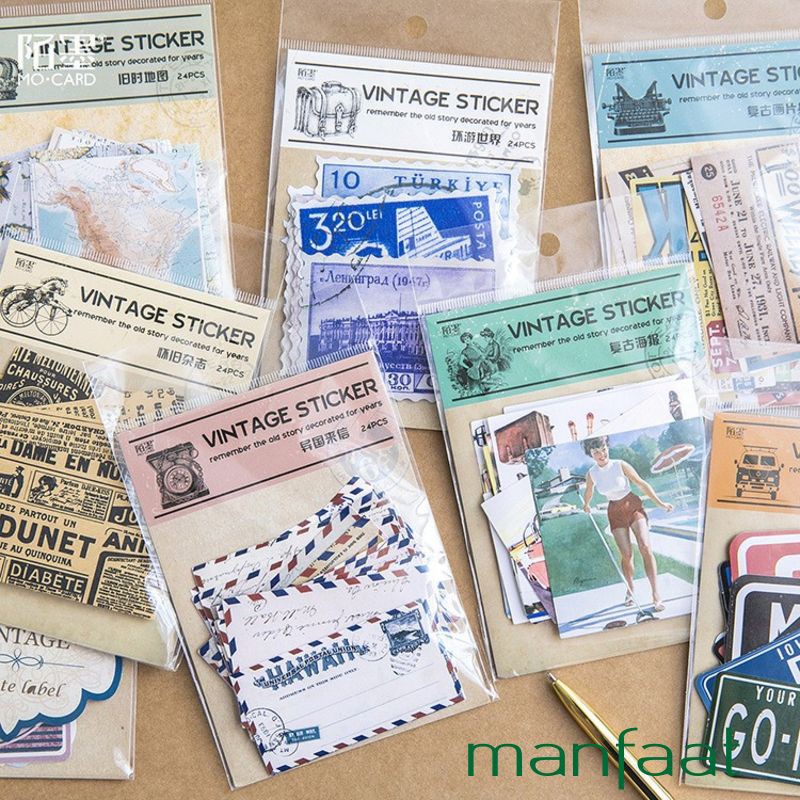 

Grosir 24Pcs Stiker Vintage Lucu untuk Scrapbook / Notebook / Diary Elegan
