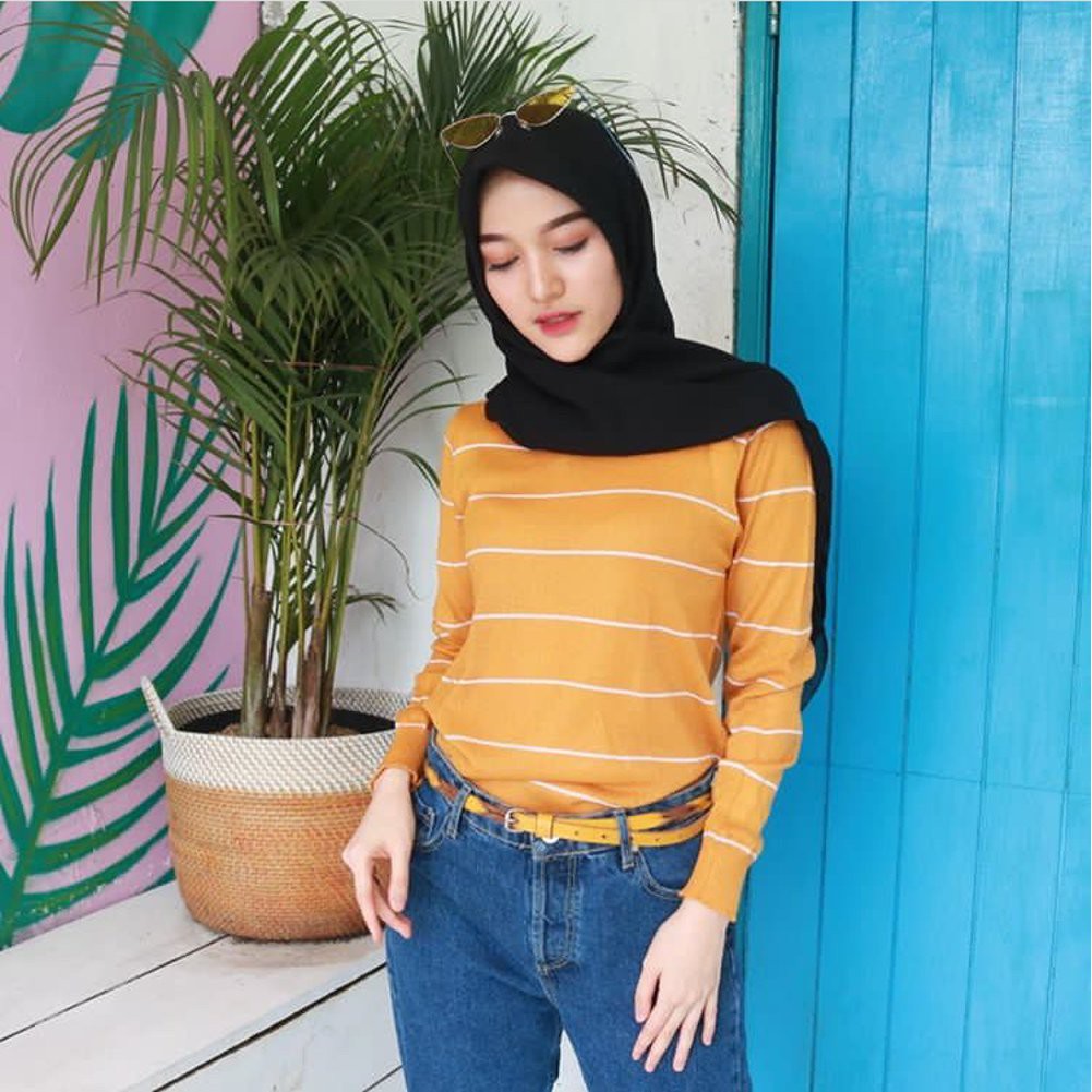 Top Knit Sweater Stripe - Atasan Sweater Rajut Garis Wanita - Sweater Kaos