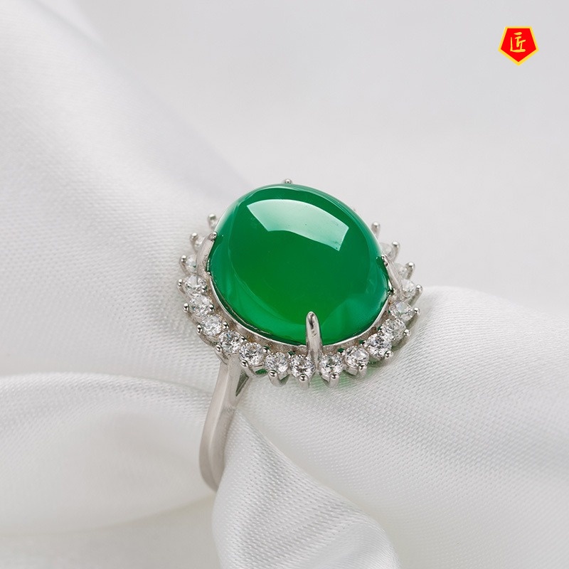 [Ready Stock]Emerald Ring 925 Silver Ethnic Style Elegant Fashion Temperament