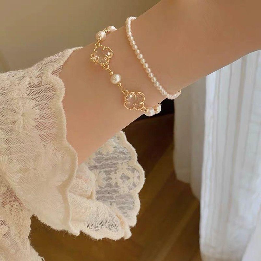 [Elegan] Gelang Semanggi Beruntung Lucu Temperamen Unik Mutiara Yang Dapat Disesuaikan Aksesoris Perhiasan Pesta Korea Style Jewelry