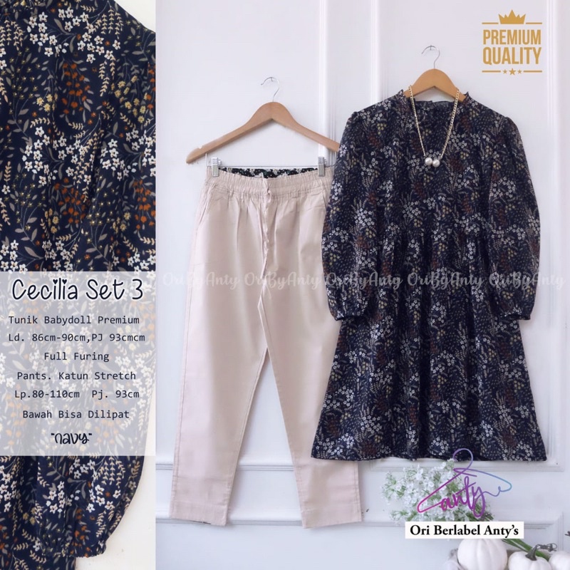 BAJU SETELAN CELANA CERUTTY BABYDOLL • CECILIA SET 3 ORI BY ANTY’S HIJAB