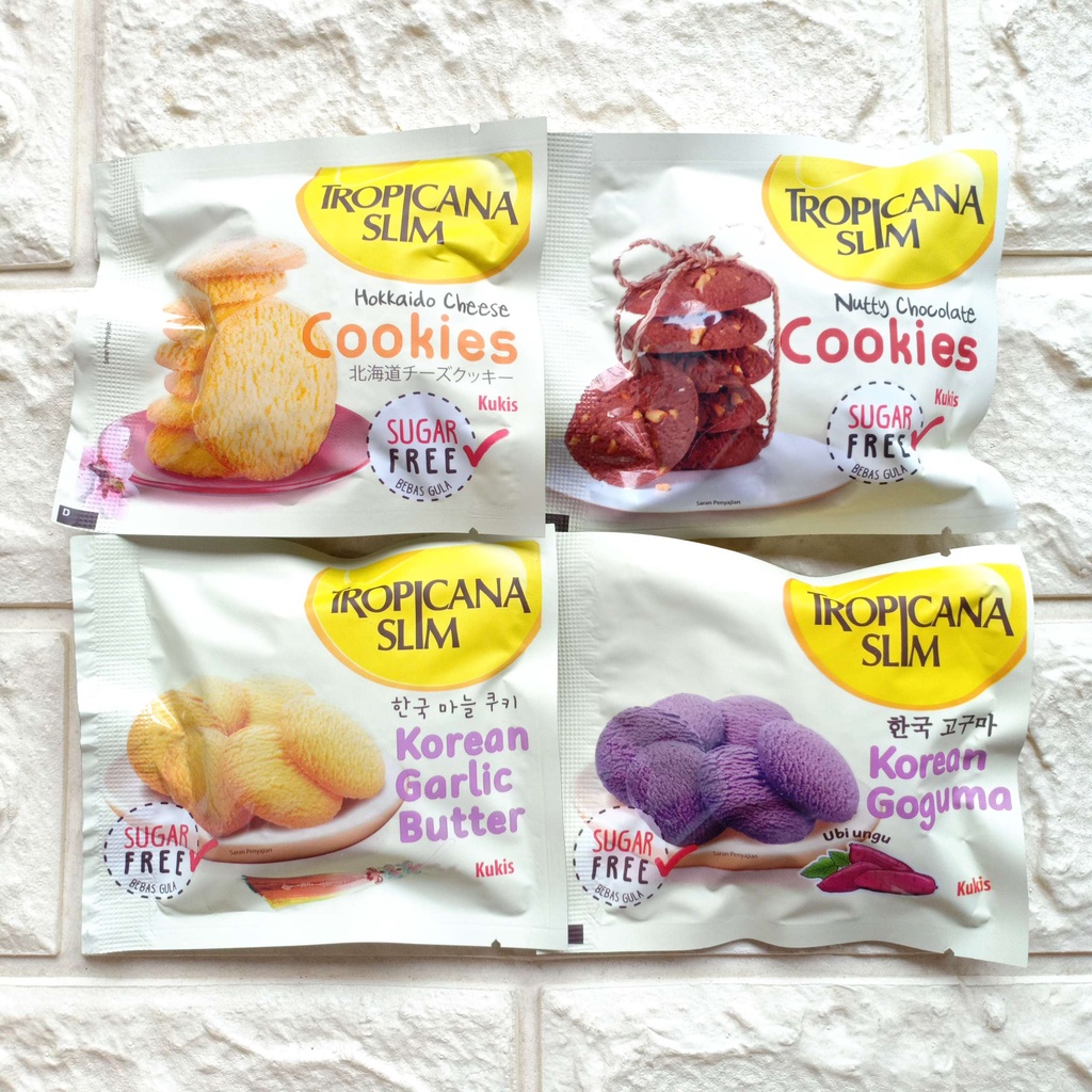 Tropicana Slim Sugar Free Cookies Kukis Sachet 20gr Hokkaido Cheese Nutty Chocolate Korean Garlic Butter Goguma Ubi Ungu Klepon