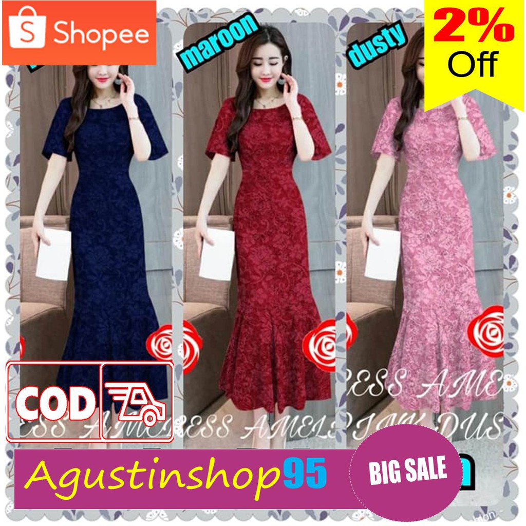 Dress Brukat Terusan Panjang Model Pesta Gaun Natal Imlek Wanita Cantik Korea Terbaru Modis Kekinian