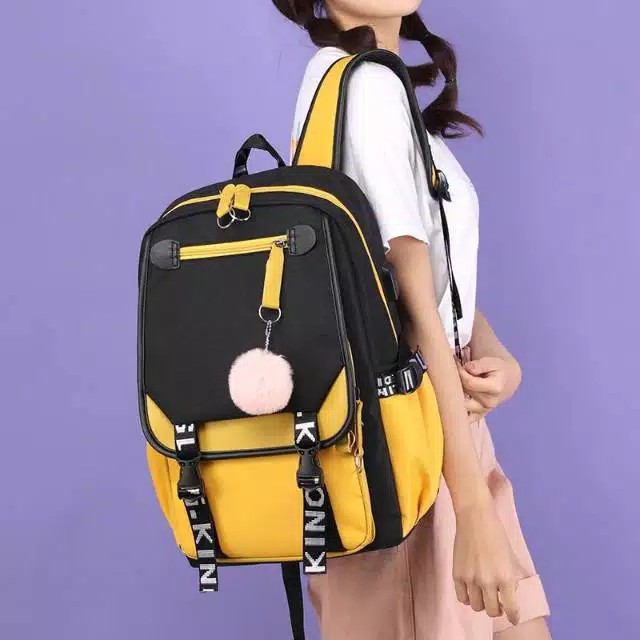 Tas Anak Sekolah Laki laki Simple SD SMP SMA Ransel Backpack Cowok Cewek Garsel-Hitam-kuning