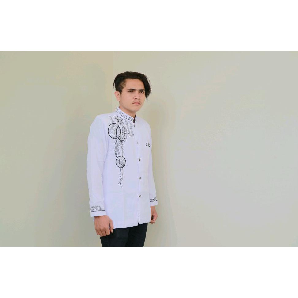 Hot Sale Baju Muslim Pria Baju Koko Jasko Jas Koko Nikah Pengantin Putih Bordir Lengan Panjang