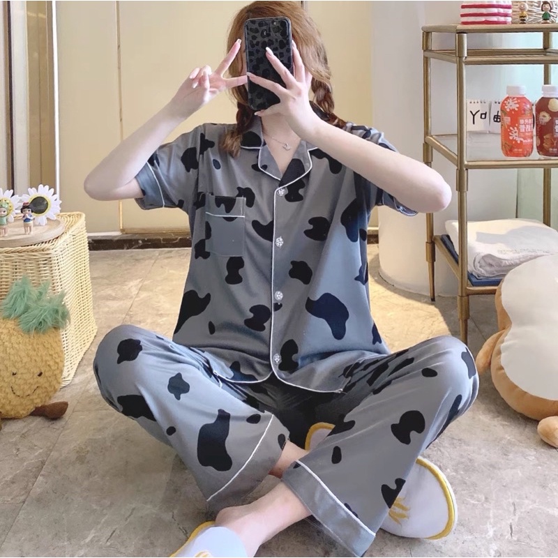JC Piyama Set CP import / Piyama wanita CP / Piyama wanita Import murah-Cow Grey Cp