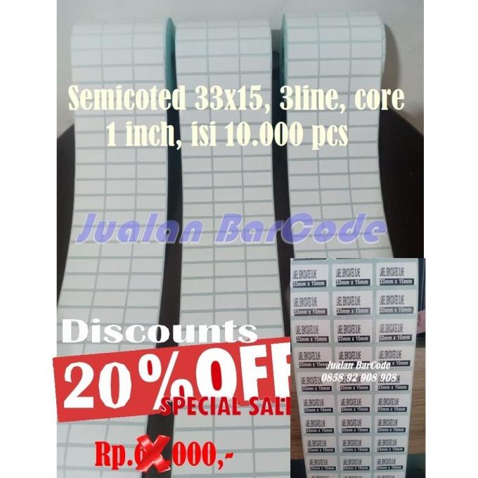 

PROMO LABEL BARCODE 33 X 15 (3 LINE) KERTAS STICKER LABEL SEMICOATED 33x15