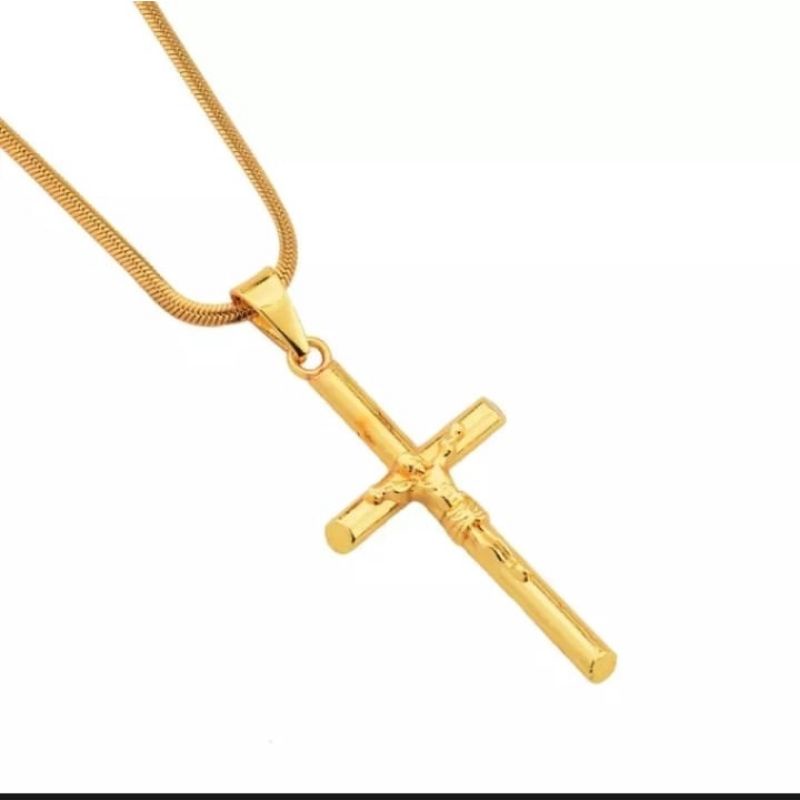 Kalung Salib Yesus Emas Model Rantai Gepeng Titanium